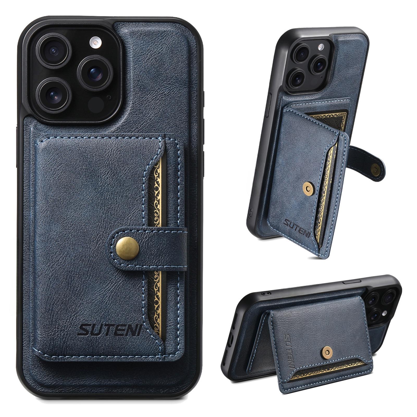 

SUTENI M4 For iPhone 14 Pro Max Magnetic Case with Card Holder Cowhide Texture Leather Back Cover Blue