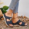 New large-size women's shoes casual one-pedal sewing line metal buckle cool slippers wedge heel thick-soled hollow slippers