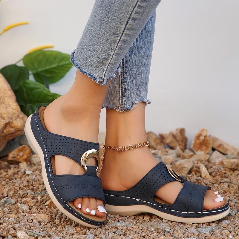 New large-size women's shoes casual one-pedal sewing line metal buckle cool slippers wedge heel thick-soled hollow slippers