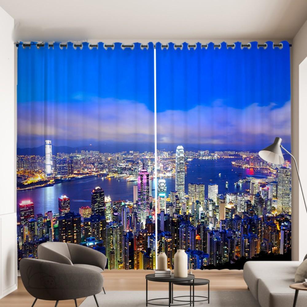 

Ночной вид на город Гонконг, занавеска с изображением международного города, фотоукрашение, макет занавески, 3D стерео, занавеска для окна гостиной, 2 шт. 2x50W100H(CM)&hook