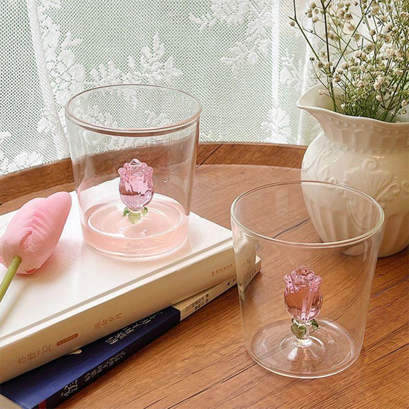 INS Glass Cup Heat-resistant Tumbler Transparent Juice Milk Coffee Mug Unique Design 3D Rose Glass Cup Water Glasses Drinkware