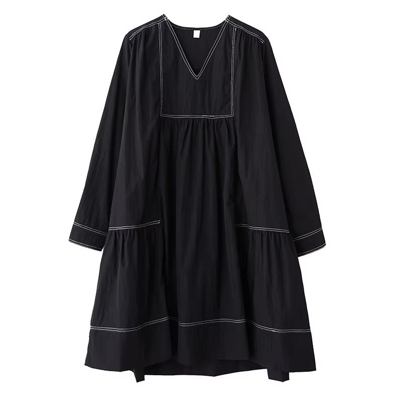 

XITAO Patchwork Pleated V-neck Dress GYX1408 One Size чёрный