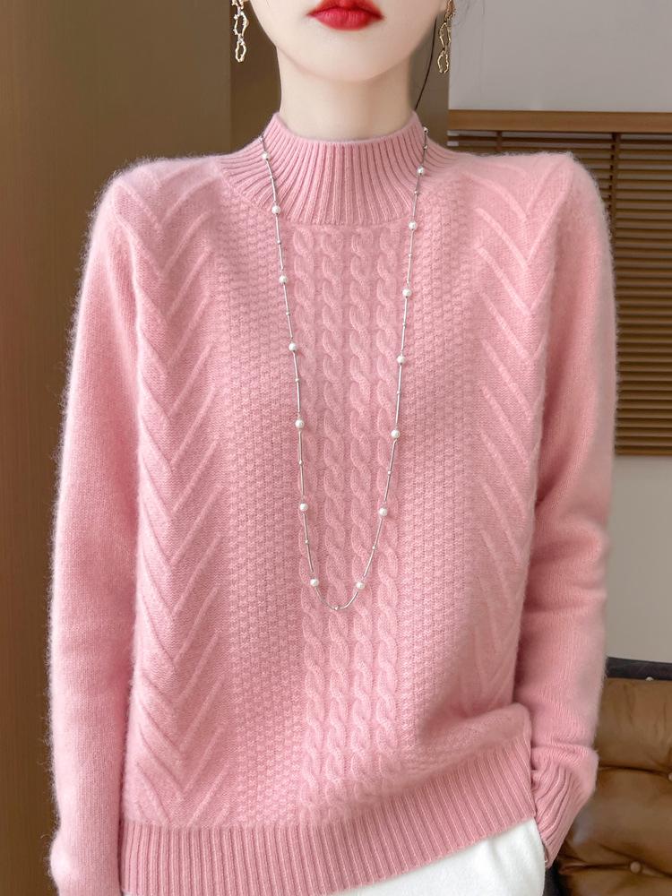 Women's Age-Reducing Loose Pure Wool Sweater, Half-High Collar, Thickened Knit Top for Autumn/Winter.
