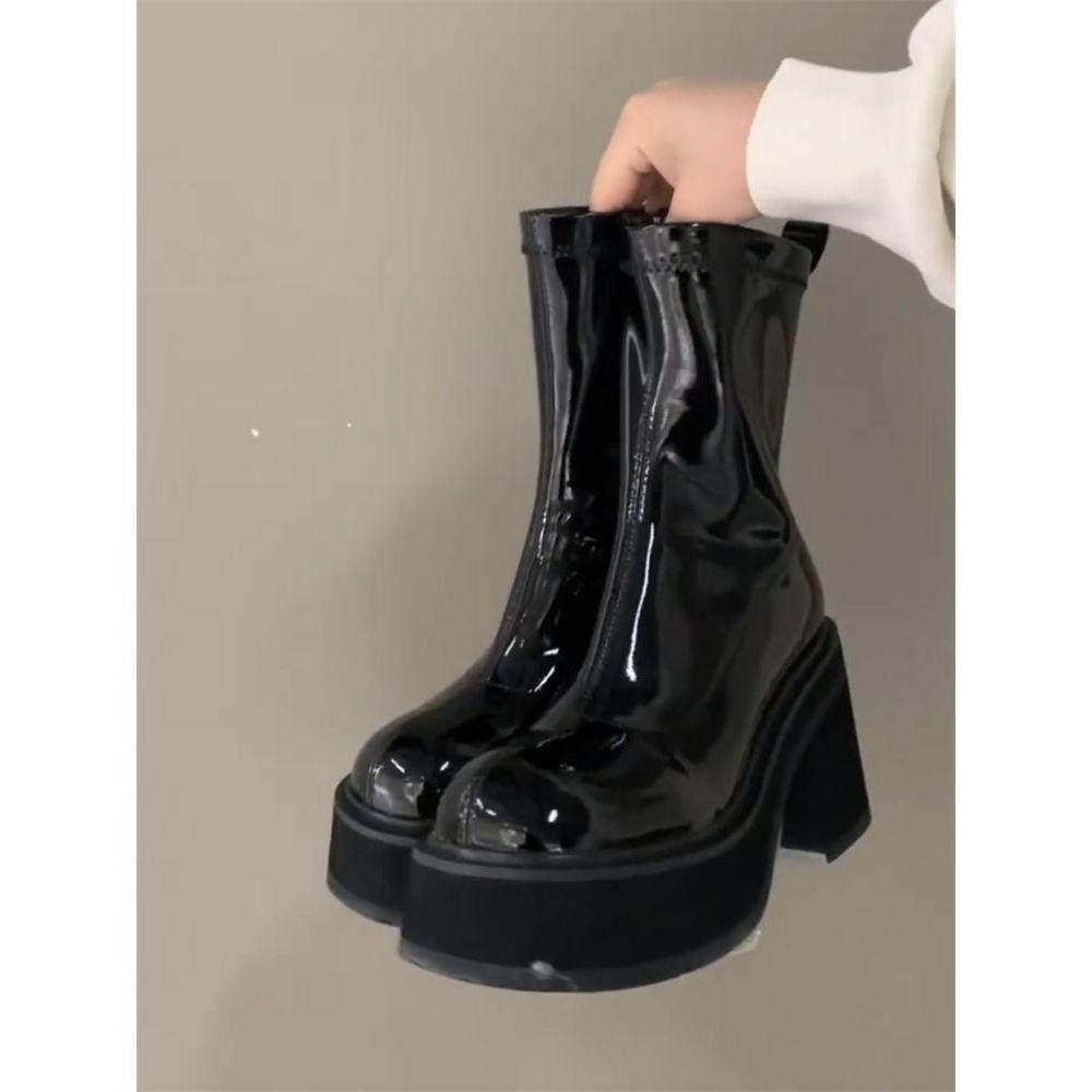 Waterproof table glossy short tube thin boots autumn and winter muffin thick sole new thick heel heightened elastic black Martin boots women