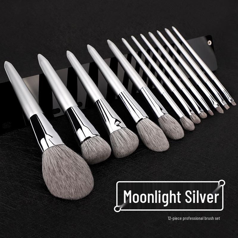Moonlight Silver 12-Piece Makeup Brush Set: Super Soft Imitation Snow Fox Hair for Powder, Contour, and Eyeshadow.