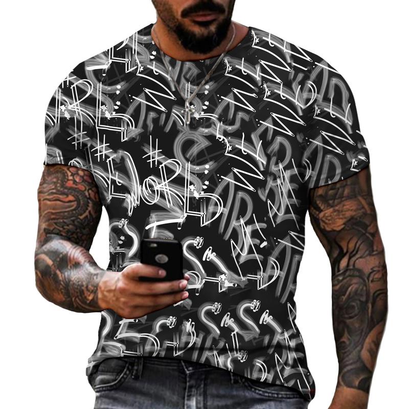 Men's Urban Streetwear Graffiti T-Shirt, Black White Gold Letter Print O-Neck Short Sleeve Casual Daily Tops