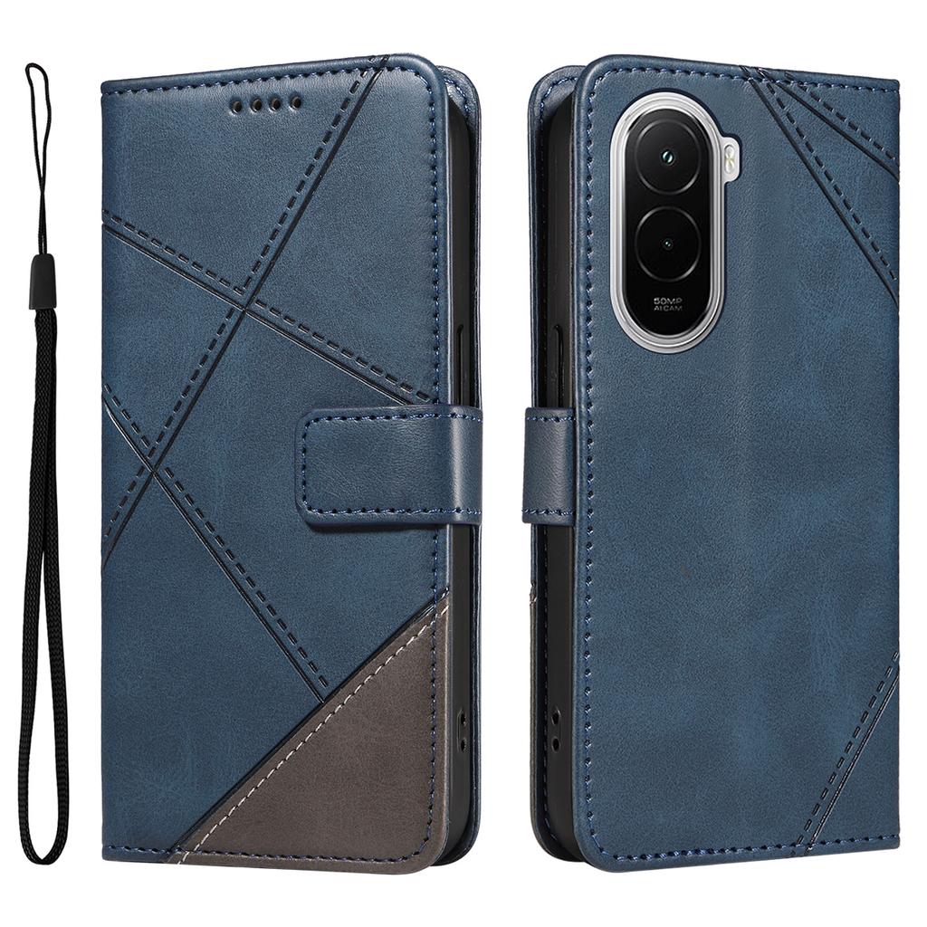 For Xiaomi Poco M7 4G (169mm) Leather Case Geometric Line Design Wallet Phone Cover with Wrist Strap