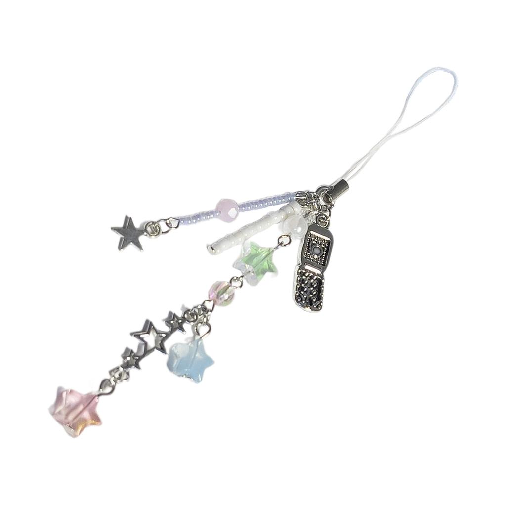 Star and Flip Cover Phone Keychain Colorful Beaded Keyring Detachable Key Chain Alloy Acrylic Accessory for Women