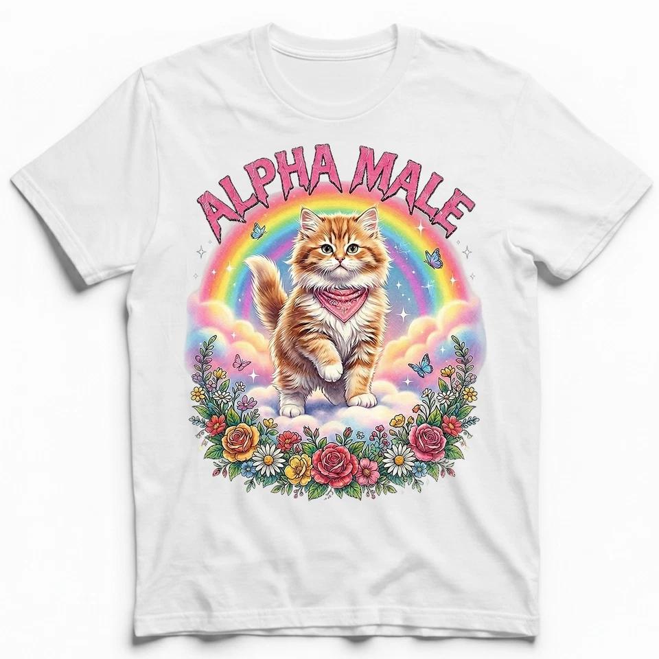 Alphamale Cat Rainbow Flowers Cute Kitten T-Shirt Whimsical Fantasy Kitty Tee 3XL