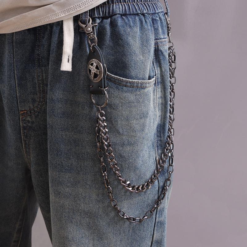 European and American punk style versatile metal jeans accessories waist chain, retro cowhide cross trendy men's and women's hip-hop trousers chain