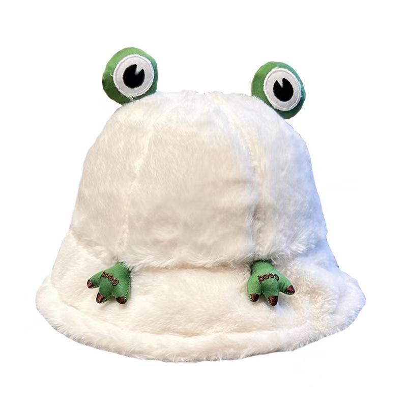 Women's Fashion Autumn and Winter Thicken Warm Rabbit Fur Hat Student Girl's Cute Korean Style Cartoon Frog Bucket Hat