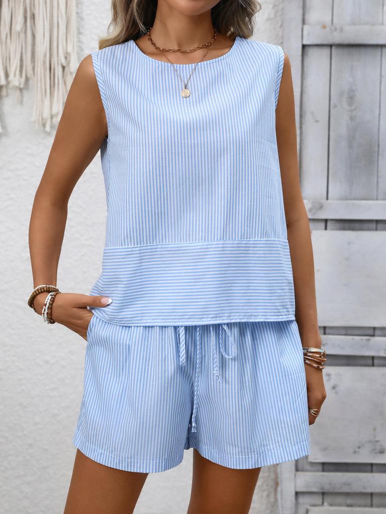 2026 Summer European & American Women's Sleeveless Round Neck Vest & Shorts Casual Fashion Two-Piece Set