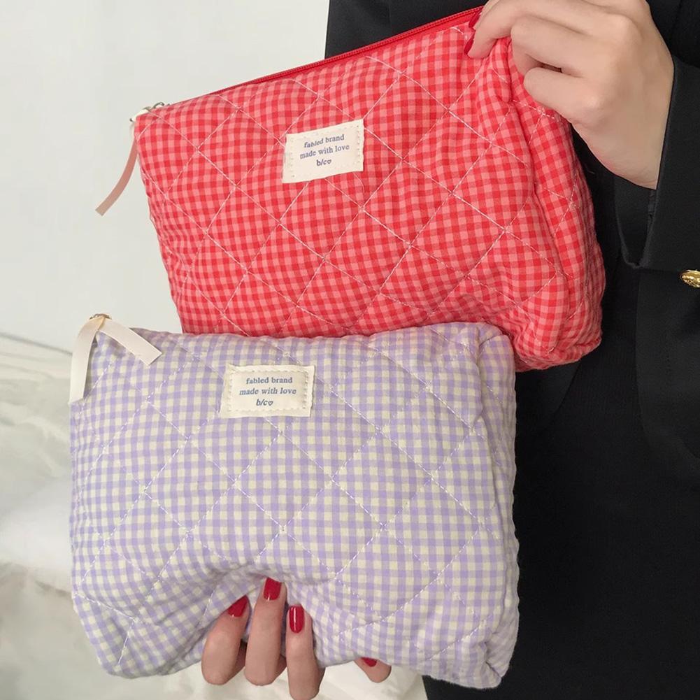 Women Checkered Makeup Bag Fashion Sweet Cotton Makeup Brushes Storage Bag Soft Fabric Organizer Pouch Cute Travel Toiletry Bag