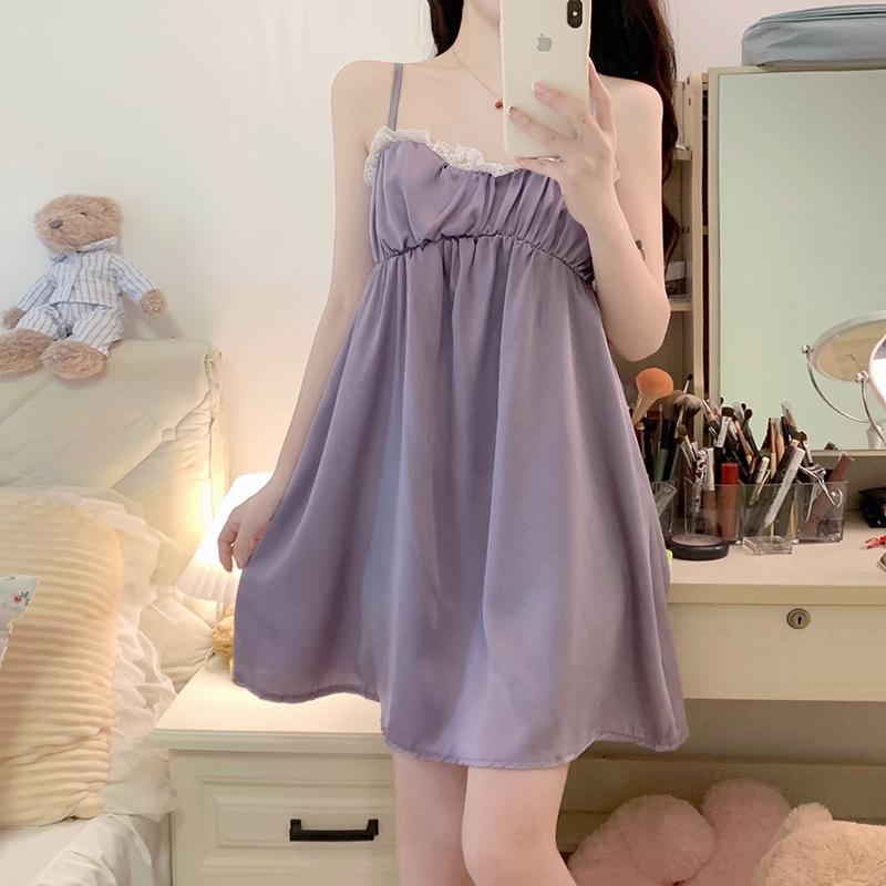 Suspender Nightdress Lace Lace Simulation Silk Thin Women'S Short Skirt Summer Sweet Sexy Pure Desire High Sense