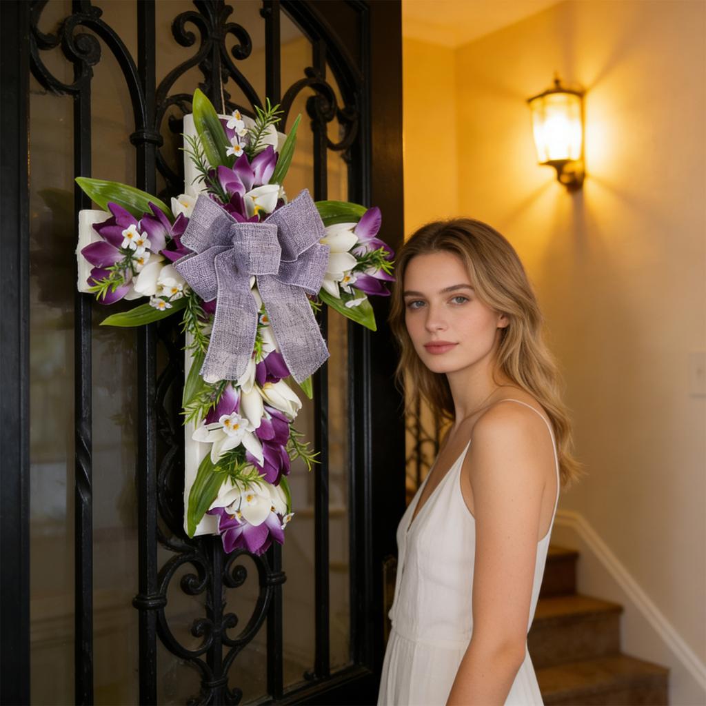45cm  Cross, Easter Front Door Bow, Artificial Flower Decoration For Doors And Walls.