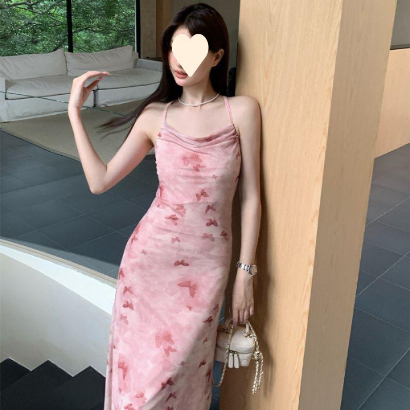 Super Immortal Butterfly Printed Swinging Neck Suspender Dress Female Summer Slim Pure Desire Tea Break Waist Little Mom Hip Wrap Skirt S