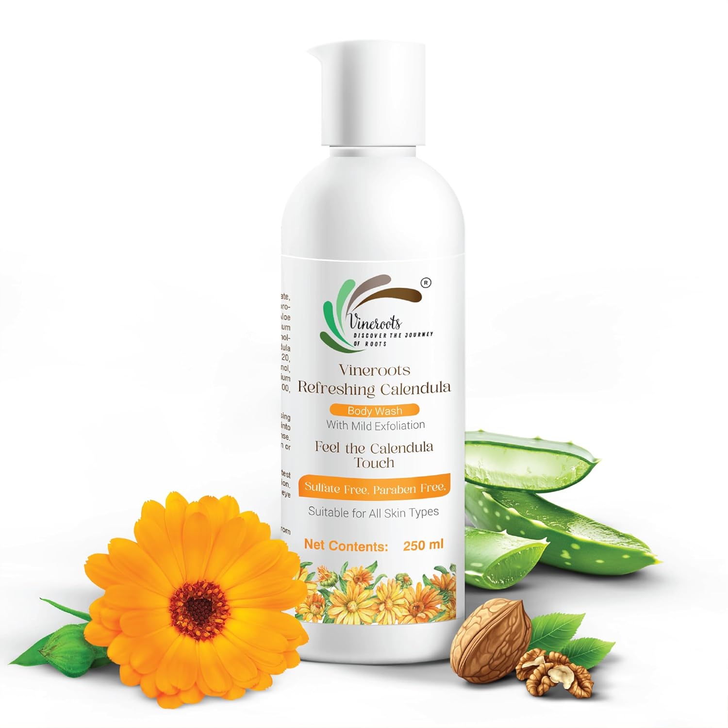 

Calendula Body Wash with Aloe Vera & Walnut Shell | Gentle Exfoliating & Hydrating Shower Gel for Smooth & Glowing Skin | Unisex | 250ml 250 ml