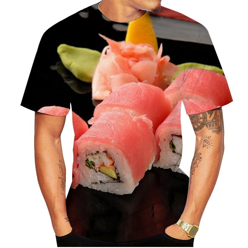 Salmon Fillet Sushi T-Shirts Funny Food Graphic 3D Print Men's Casual Short Sleeve T-shirts - Soft Medium Stretch Fabric Summer Relaxed Fit Clothing