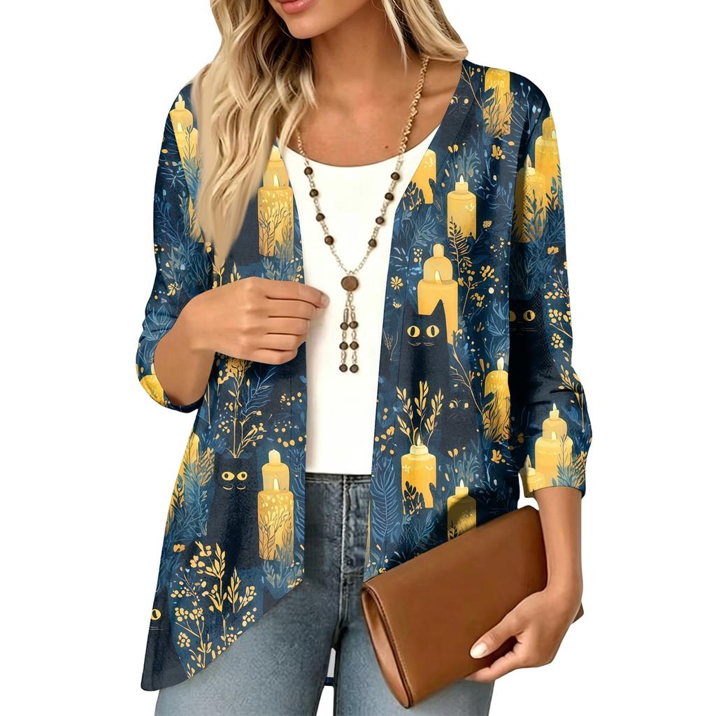 Women's Halloween Print 3/4 Sleeve Lightweight Loose Fit Cardigan for Casual Wear