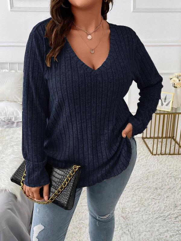 2025 Autumn/Winter Plus Size Women's V-Neck Long Sleeve Ribbed Loose Top