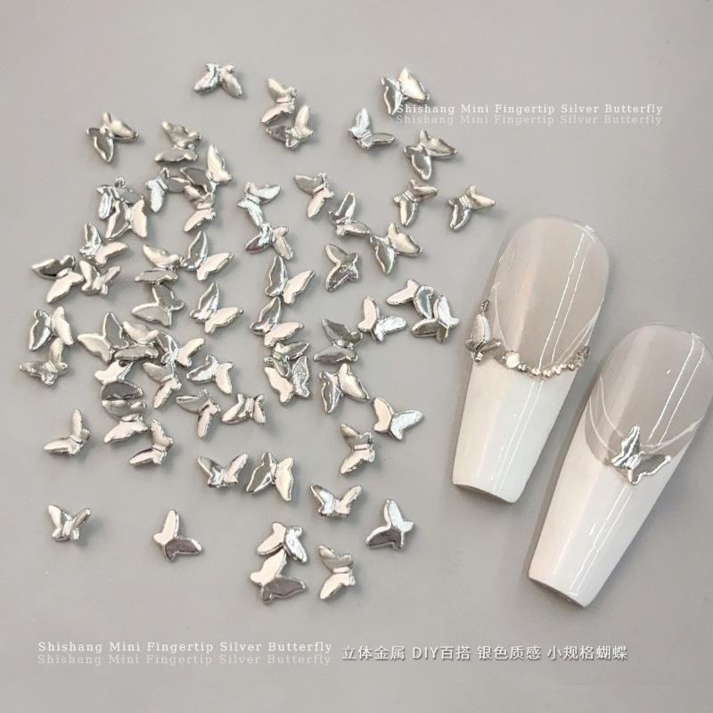 50 Pièces Mini Accessoires pour Ongles Papillon Alliage d'Argent Diamant Métal Charms Papillon Diamant 3D pour le Bout des Doigts Décorations