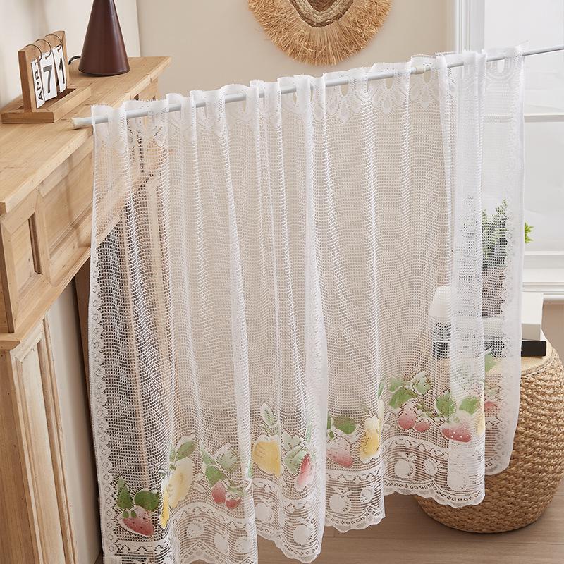 European Style Fruit Print Lace Curtains - White, Knitted, Half Length, Dustproof for Kitchen Doors and Cupboards