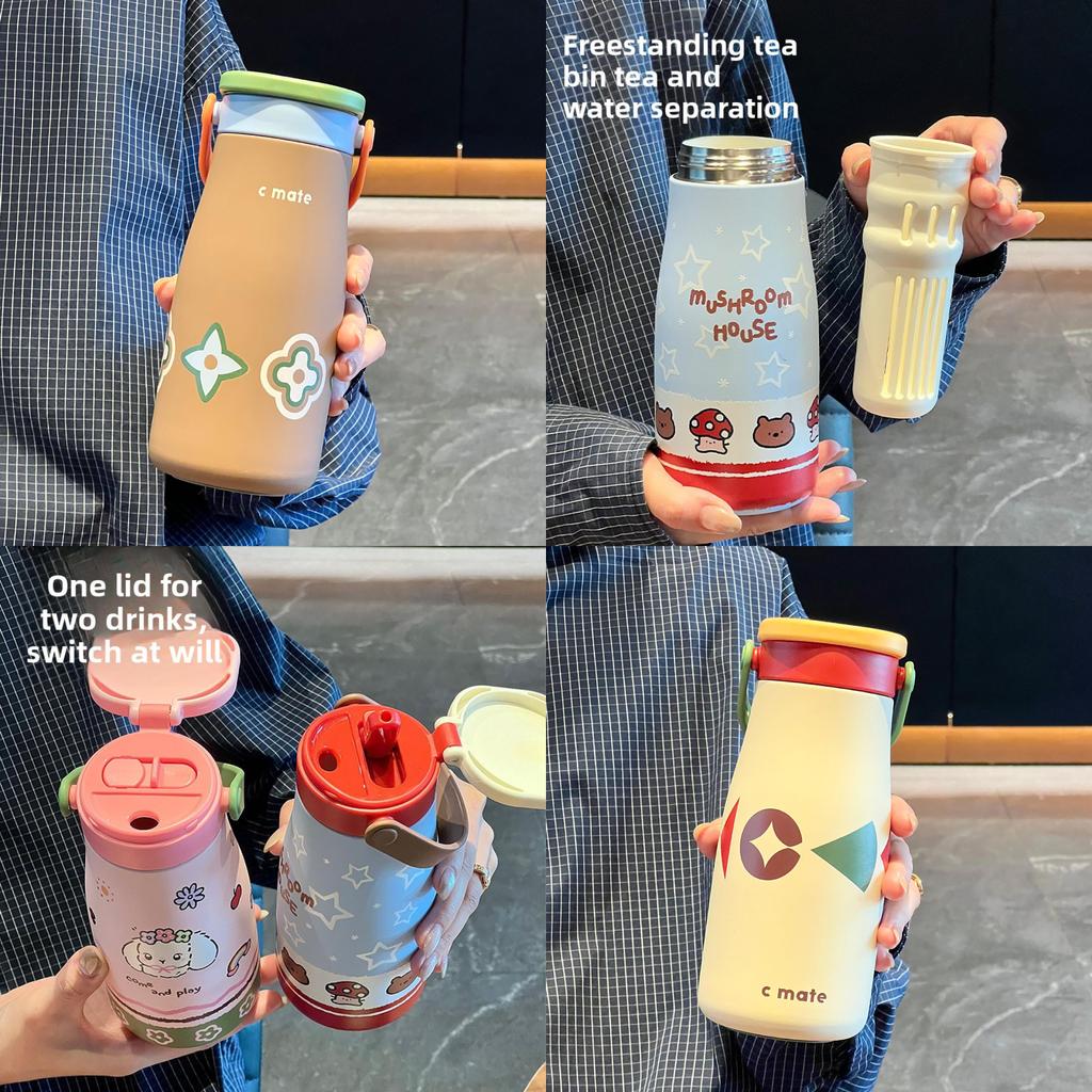 Letter Dog Cartoon Pattern Ceramic Inner Thermos Bottle With Straw For Travel And Office Use