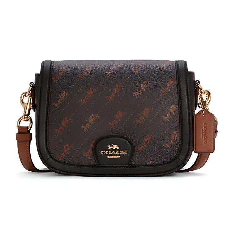 Coach 21 Horse And Carriage Print Flap Leather Saddle Bag Women Shoulder Bag Brown Black C4059-IMBLK