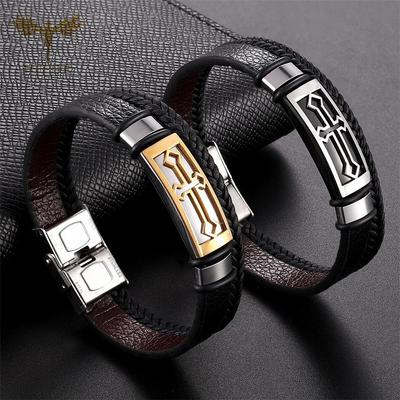 Vintage Cross Bracelet Men Women Leather Double Layers Hand Jewelry Religious Bracelets Stainless Steel Clasp Wristlet 17-23cm