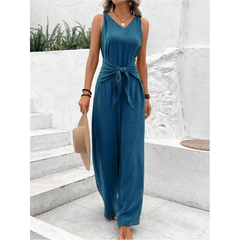 Fashion Solid Jumpsuit for Women Casual Sleeveless V Neck Lace-Up Wide Leg Pants Jumpsuits Lady Summer Holiday Womens Clothing