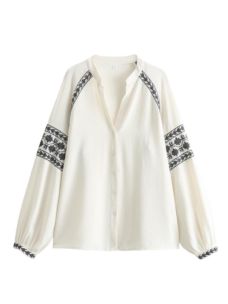 2024 Summer Women's V-Neck Color Block Embroidered Top - European & American Style Casual Fashion