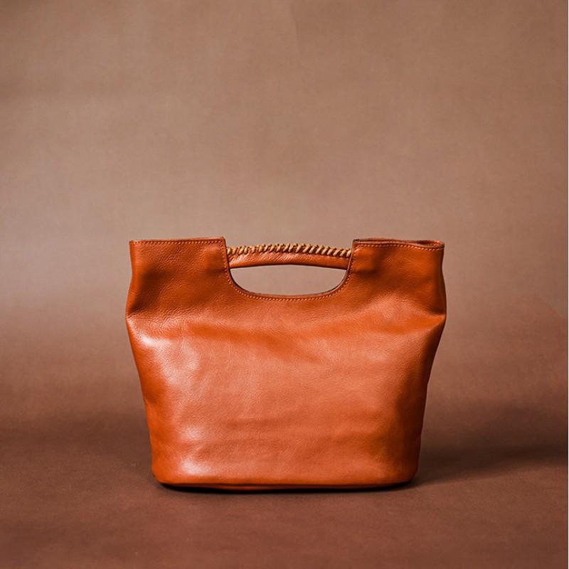 Fashionable Retro Style Genuine Leather Bucket Bag Women Full Tree Cream Vegetable Tanned Cowhide Handbag Crossbody
