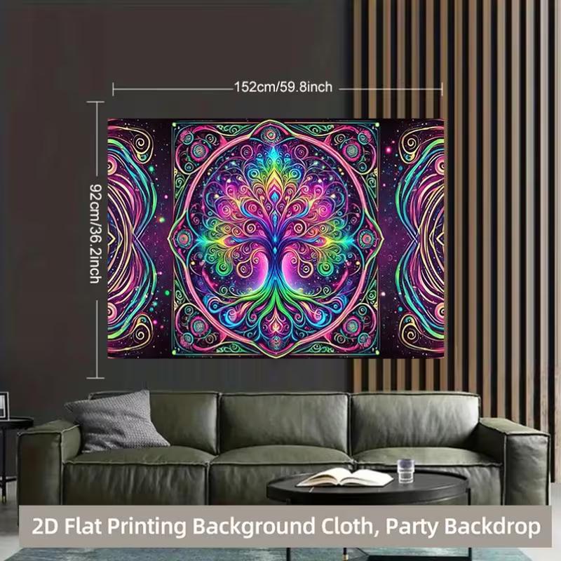 2D Psychedelic Tree of Life Backdrop, Neon Mandala Party Background