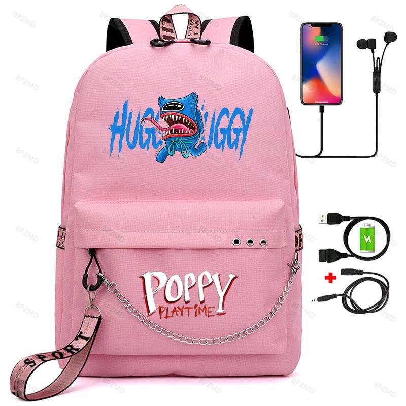 Game Poppy Spielzeit-Rucksack, Teenager-Mädchen, Huggy Wuggy, Schulrucksack für Damen mit USB-Aufladung, für Studenten, Laptops, Reisen, Segeltuchtaschen