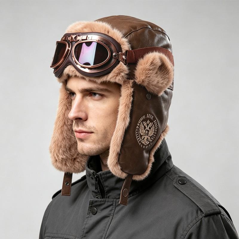 Vintage PU Leather Aviator Hat With Ear Flaps Goggle Strap Unisex Winter Warm Fleece Lined Cap