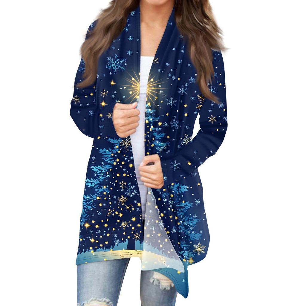 Damenmode Weihnachtsdruck Jacke Langarm Casual Cardigan Mantel