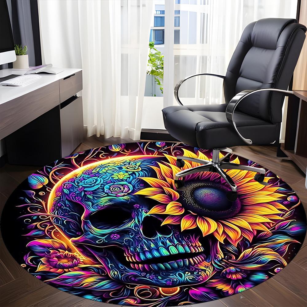 1pc Colorful Skull Art Chair Carpet for Office, Round Non Slip Durable Large Size Office Carpet, Suitable for Office