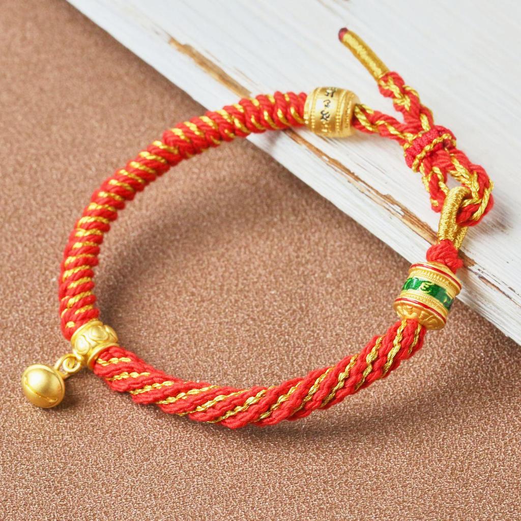 Tibetanskt sexstavigt mantra, femfärgat handvävt rött armband för kvinnor och män