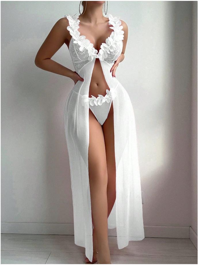Europe and the United States popular flower suspender long skirt perspective mesh sexy underwear lace thong women