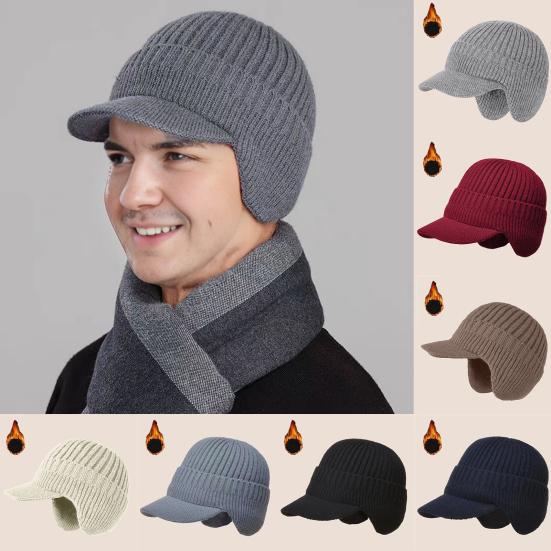 Men Knitted Hat Extended Brim Ear Protection Solid Color Knitting Hat Thickened Plush Lining Winter Warm Hat