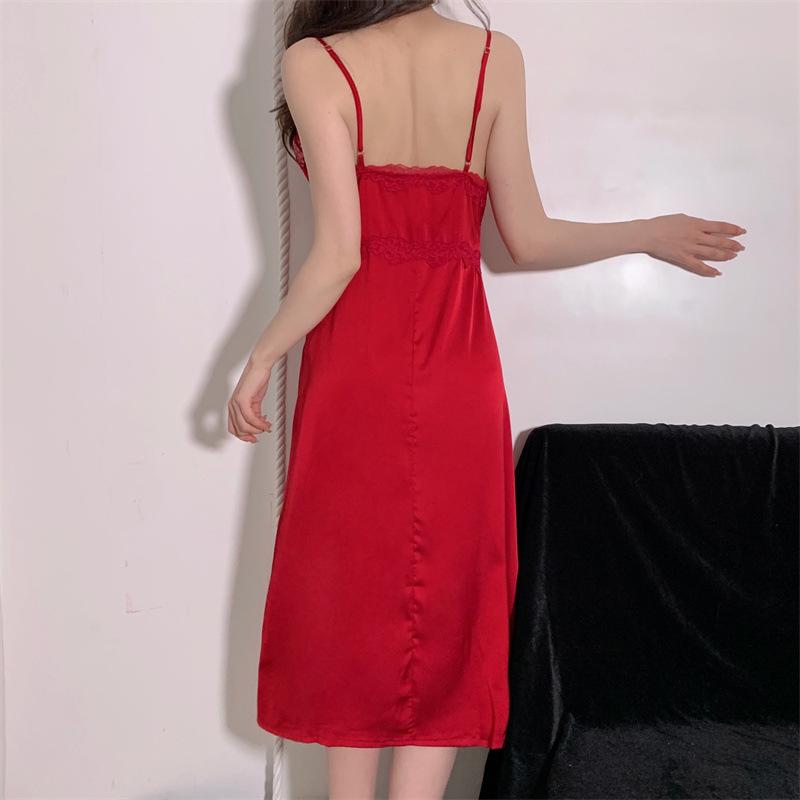 Damski Seksowny Dwuczęściowy Zestaw Nocny z Jedwabiu Lodowego z Wkładką na Biust i Długi Szlafrok na Cienkich Ramiączkach