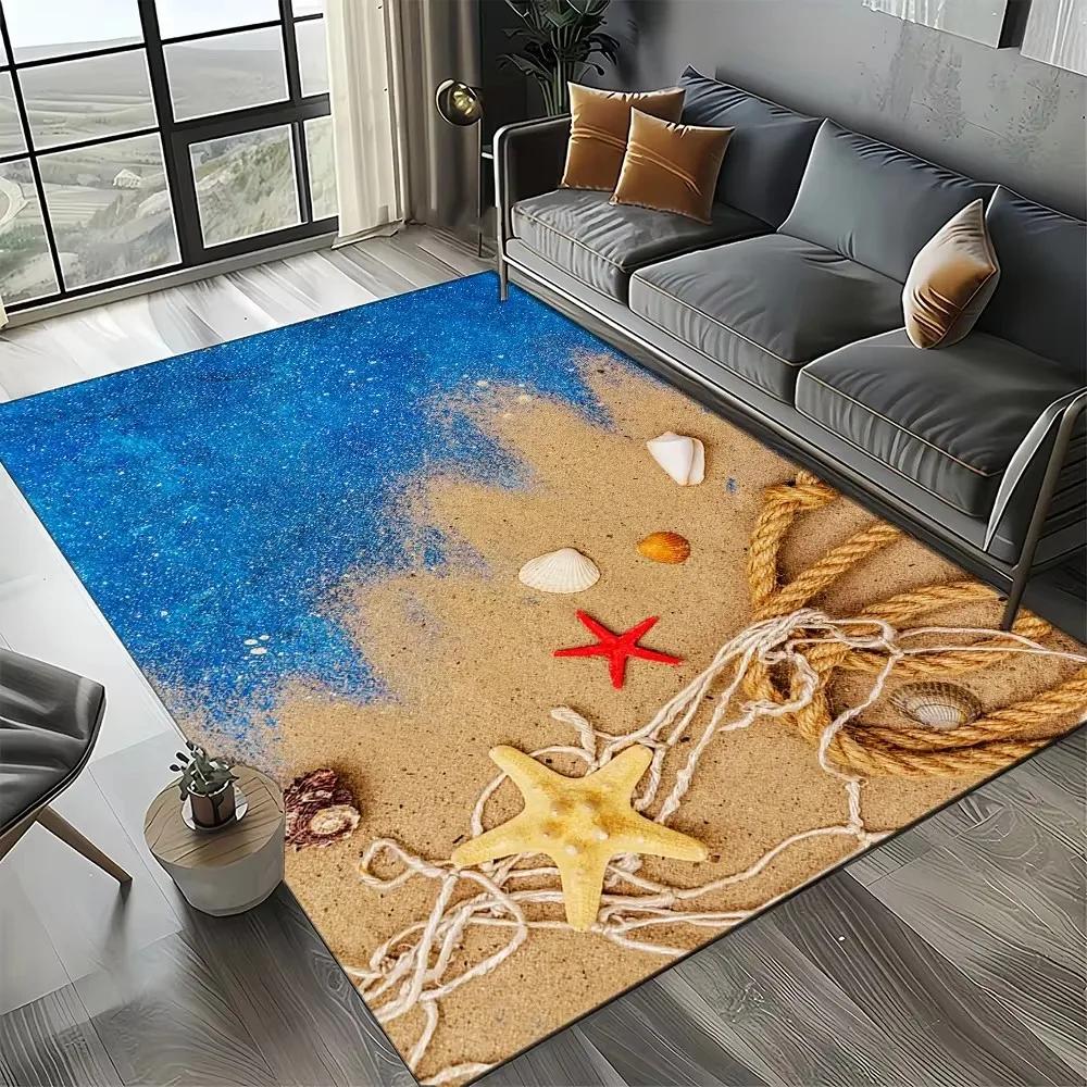 Starfish Beach Shell Sand Pattern Area Rug Coastal Ocean Carpet for Living Room Bedroom Kids Play Room Non-Slip Floor Mat
