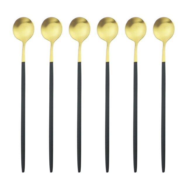 6Pcs/Set Black Long Handle Cutlery Matte Stainless Steel Spoons Polished Stirring Drink Ice Cream Dessert Tea Spoons Dinnerware