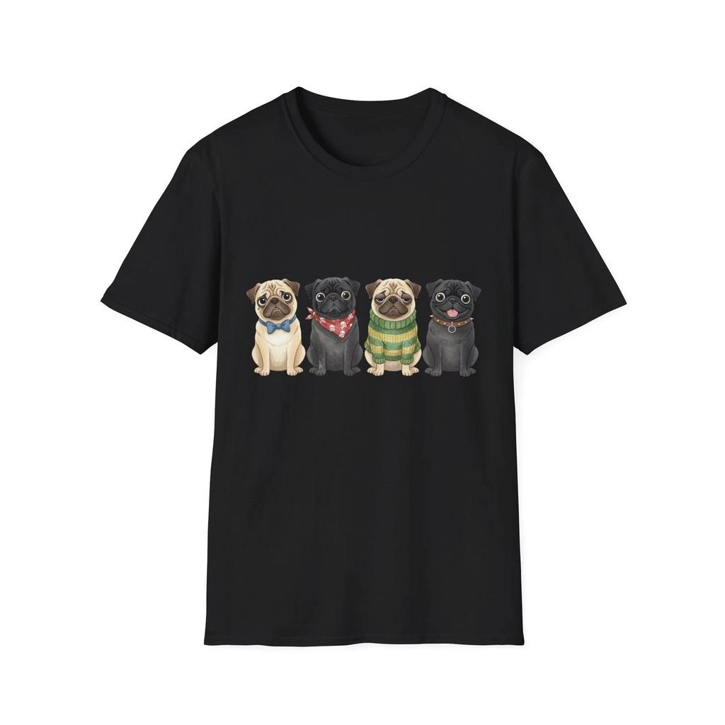Pug Dogs Vintage Illustrated Black Tee Cute Animal Graphic T-Shirt