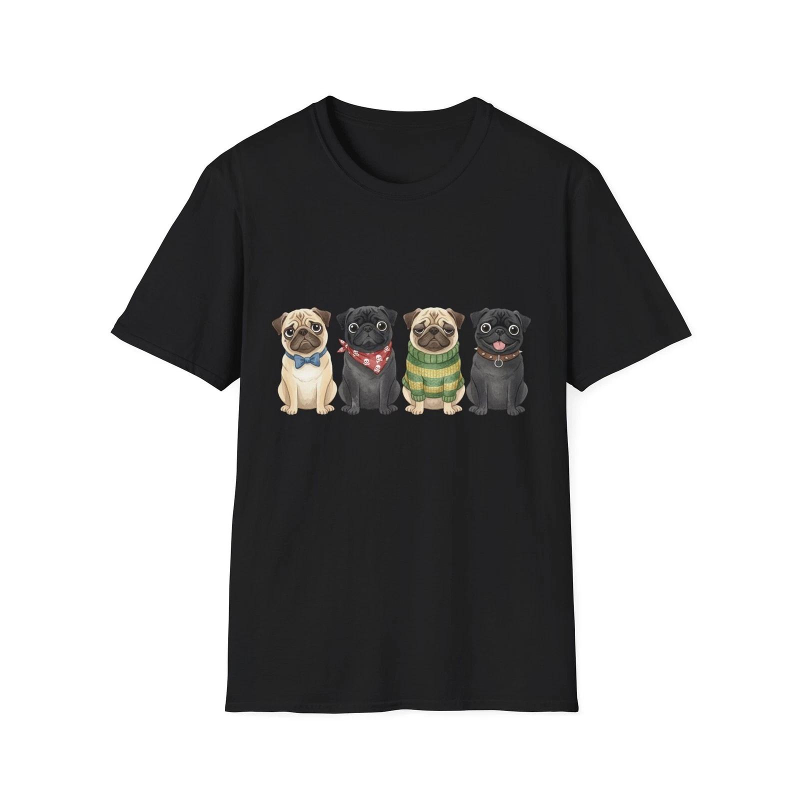 

Pug Dogs Vintage Illustrated Black Tee Cute Animal Graphic T-Shirt S