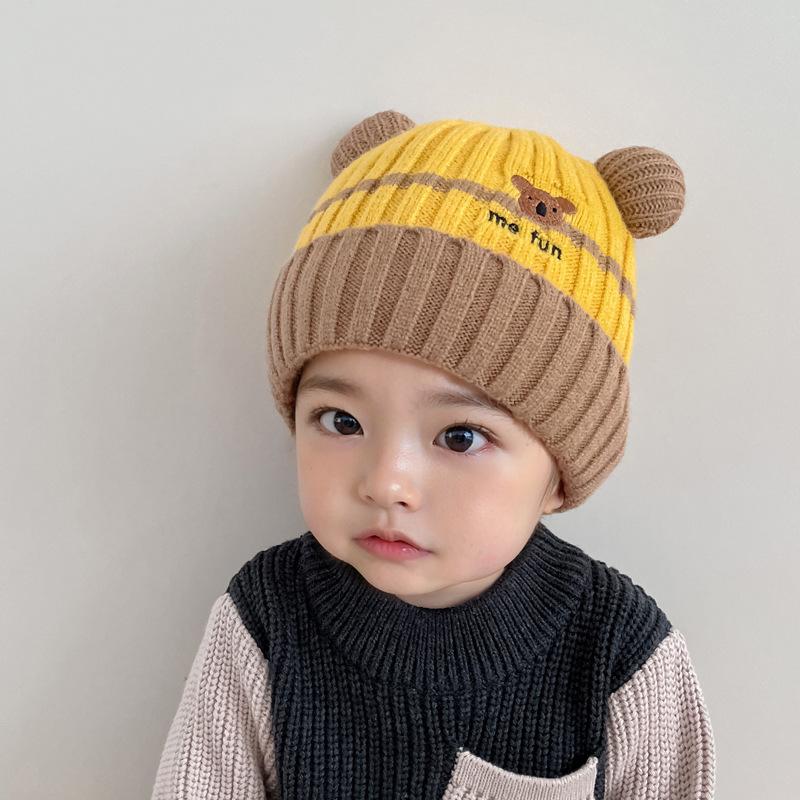 Baby Hat Winter Cute Cartoon Double Ball Wool Hat Boys and Girls Baby Ear Protector Knitted Hat Children's Pullover Hat