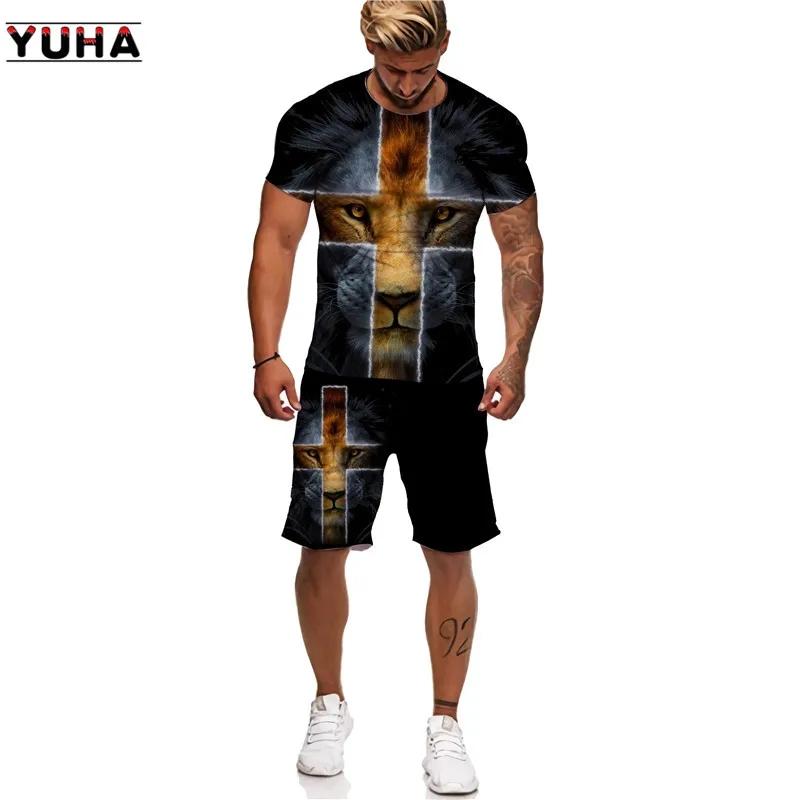 Lässiges T-Shirt-Shorts-Set für Herren mit 3D-Jesus-Kreuz-Aufdruck aus Polyester, zweiteiliges Rundhalsset M black