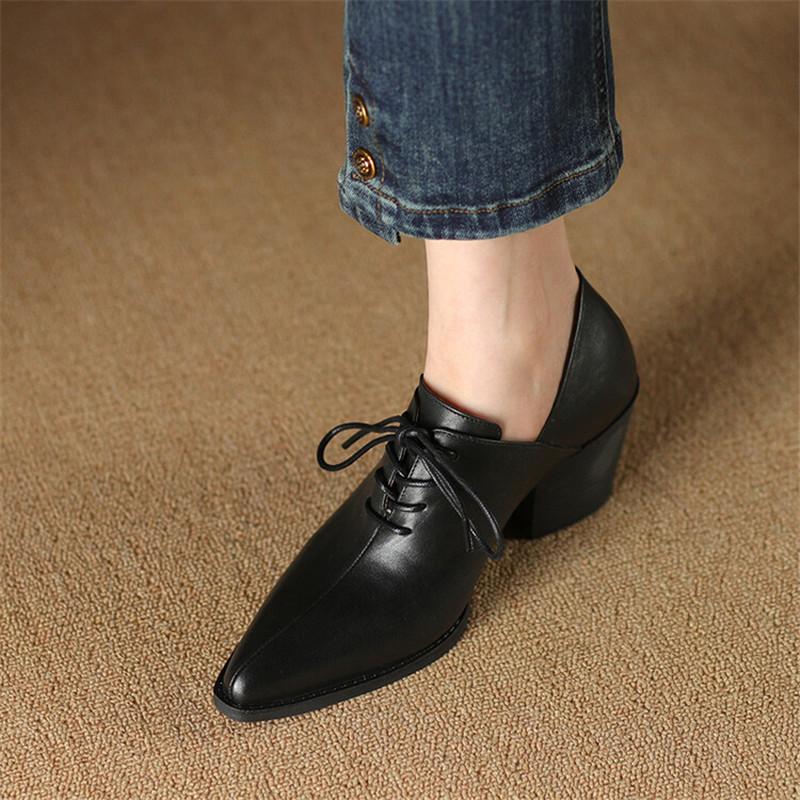 Fashion New Spring Genuine Leather Women Shoes Pointed Toe Women Pumps Fashion High Heel Loafers Shoes for Women Chunky Heel Shoes Black