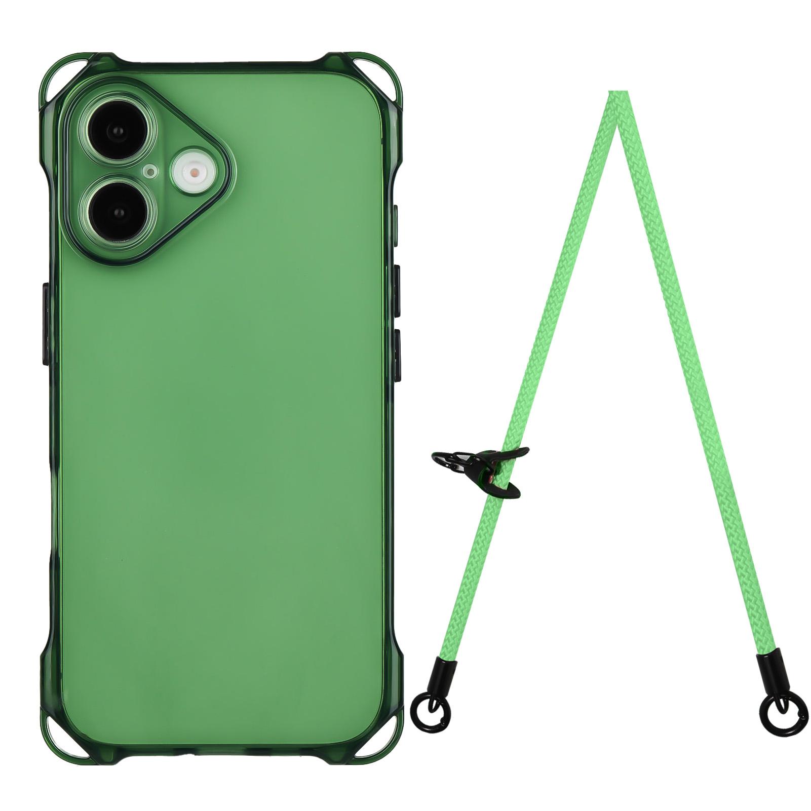 

For iPhone 16 Plus TPU Case Four Corner Drop-Proof Back Cover with Long Strap Army Green