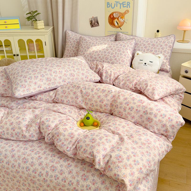 Small fresh A aerobic knitted double-layer yarn bed cover 4pcs set, skin-friendly small floral maternal and infant grade single bed cover